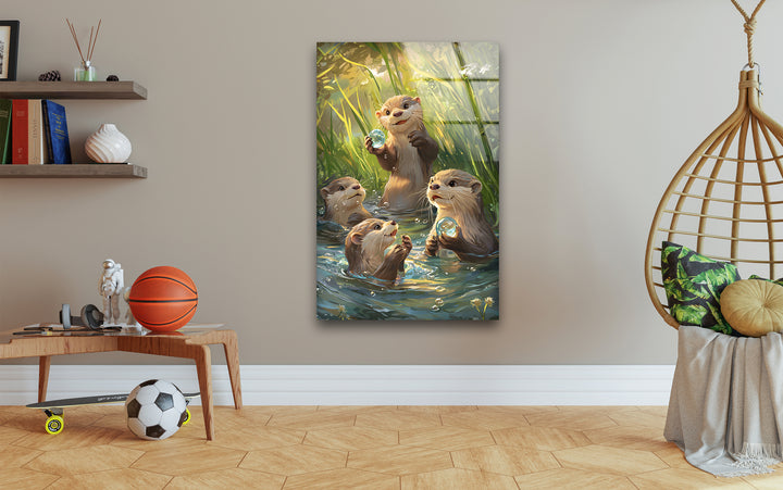 Otters In The Reeds Glass Wall Art stained glass wall art, stained glass wall decor