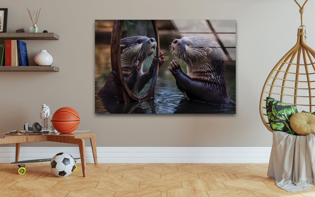 Otter in the Mirror Wall Art photo print on glass, prints on glass wall art
