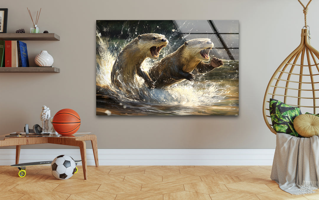 Playful Otters Wall Art glass photo prints, glass picture prints
