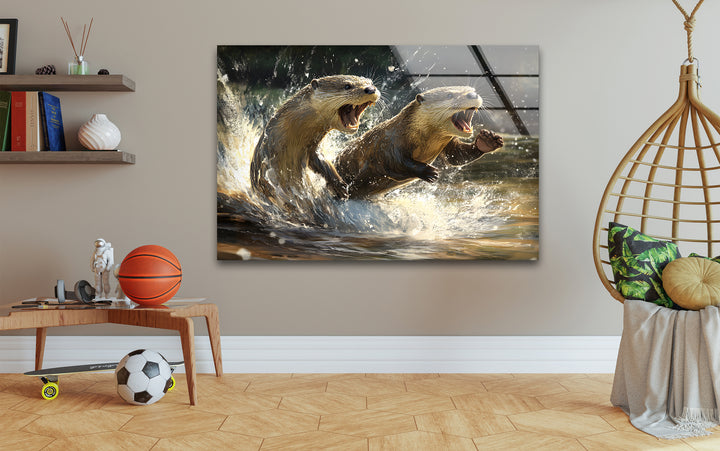 Playful Otters Wall Art glass photo prints, glass picture prints
