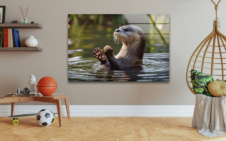 Pretty Otter In The Lake Glass Wall Art glass art painting, glass art for the Wall