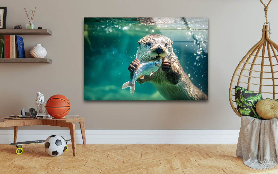 Fish-Eating Otter Glass Wall Art glass image printing, glass prints from photos
