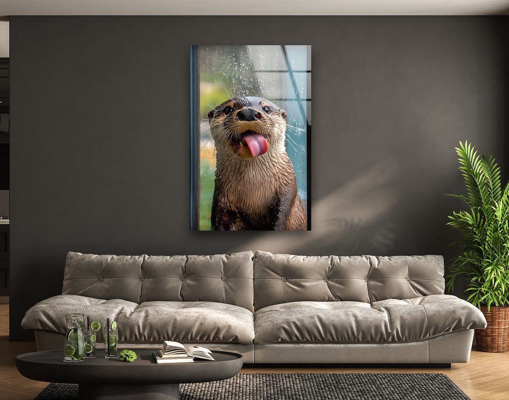 Playful Otter In The Window Glass Wall Art glass wall decor, glass wall art decor