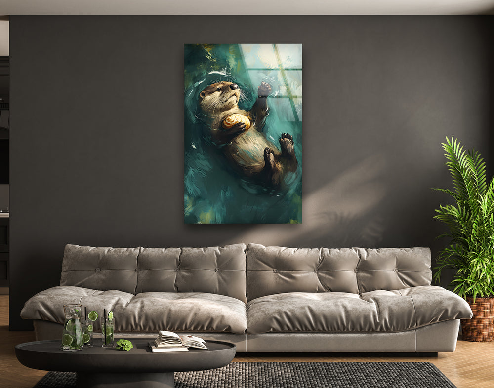 Otter Lying on Water Glass Wall Art picture on glass wall art, photos printed on glass
