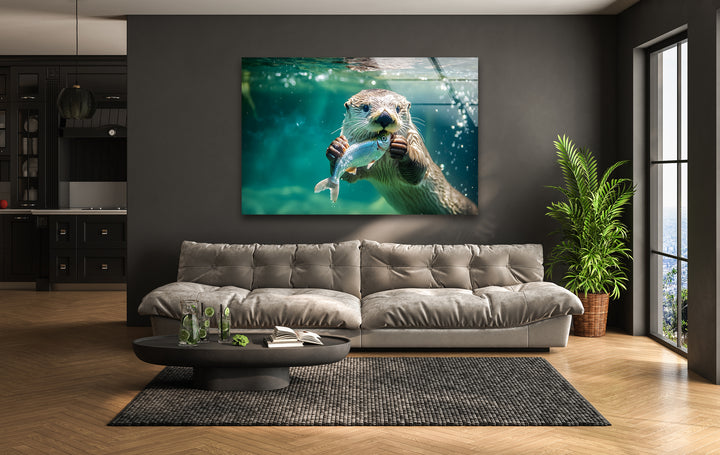 Fish-Eating Otter Glass Wall Art picture on glass wall art, photos printed on glass
