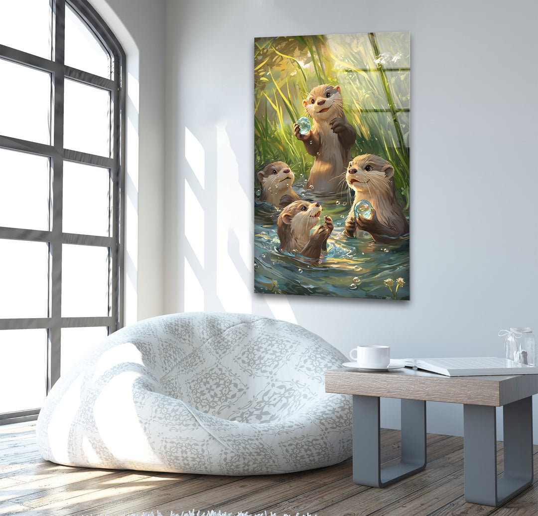 Otters In The Reeds Glass Wall Art glass art painting, glass art for the Wall
