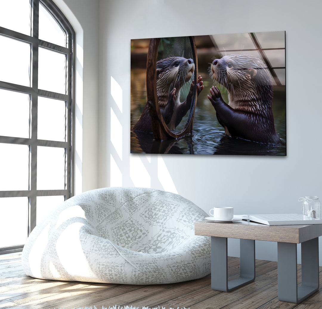 Otter in the Mirror Wall Art large glass photo prints, glass wall photos
