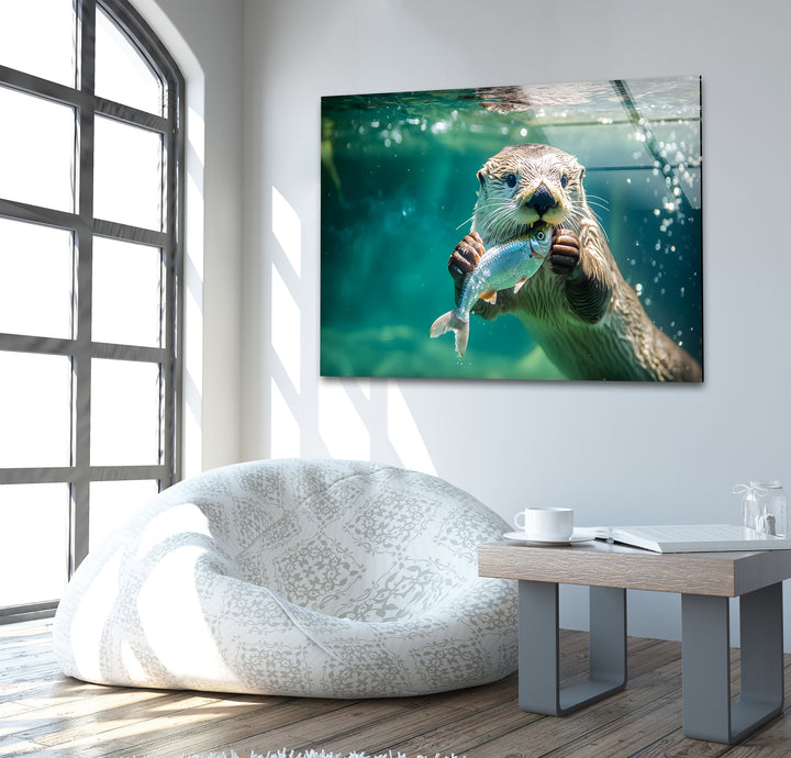 Fish-Eating Otter Glass Wall Art print on glass, glass printed photos
