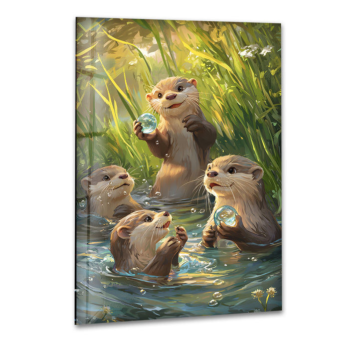 Otters In The Reeds Glass Wall Art print picture on glass, Tempered Glass Wall Art
