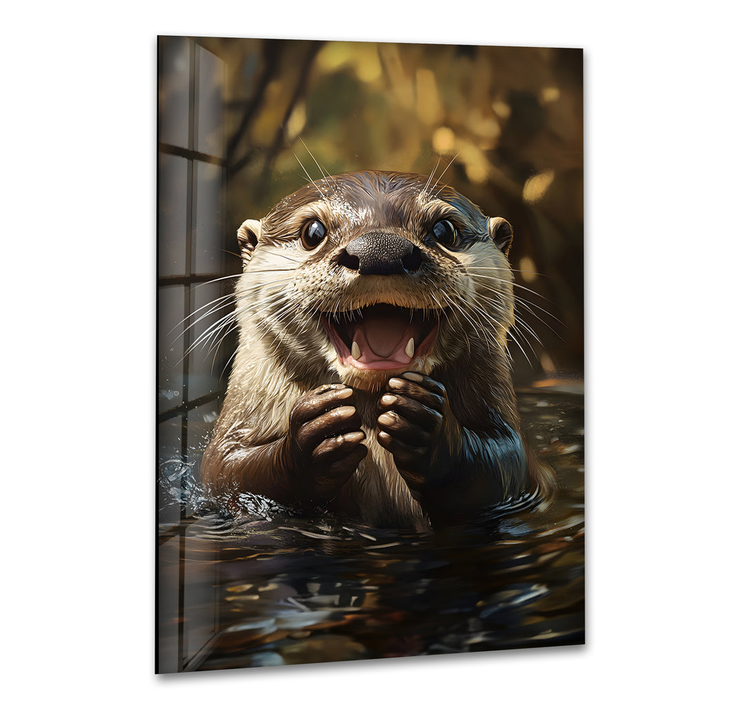 Cheerful Otter Glass Wall Art photo print on glass, prints on glass wall art