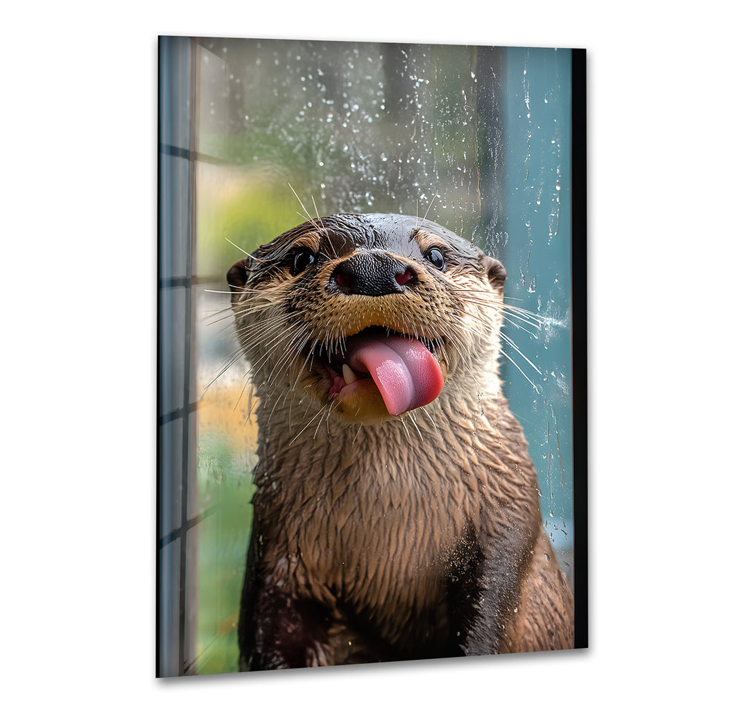 Playful Otter In The Window Glass Wall Artprint picture on glass, Tempered Glass Wall Art