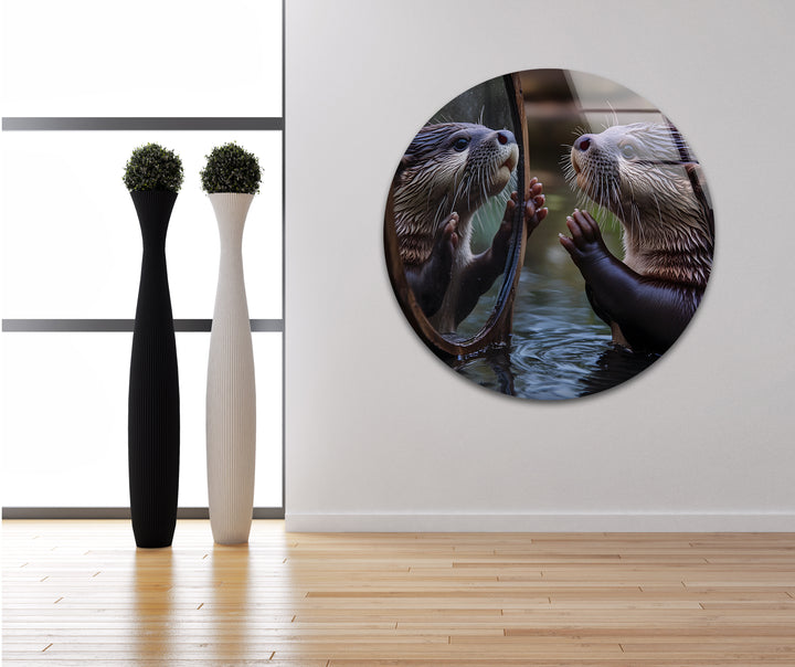 Otter in the Mirror Wall Art custom glass pictures, glass art prints
