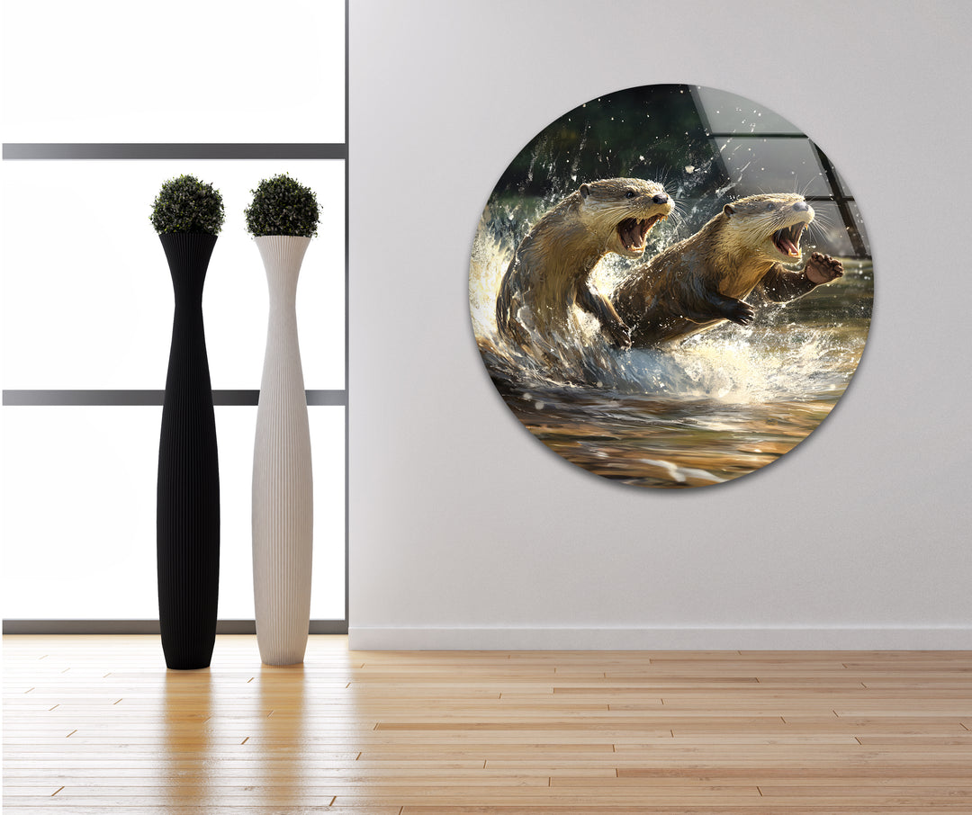 Playful Otters Wall Art custom glass pictures, glass art prints
