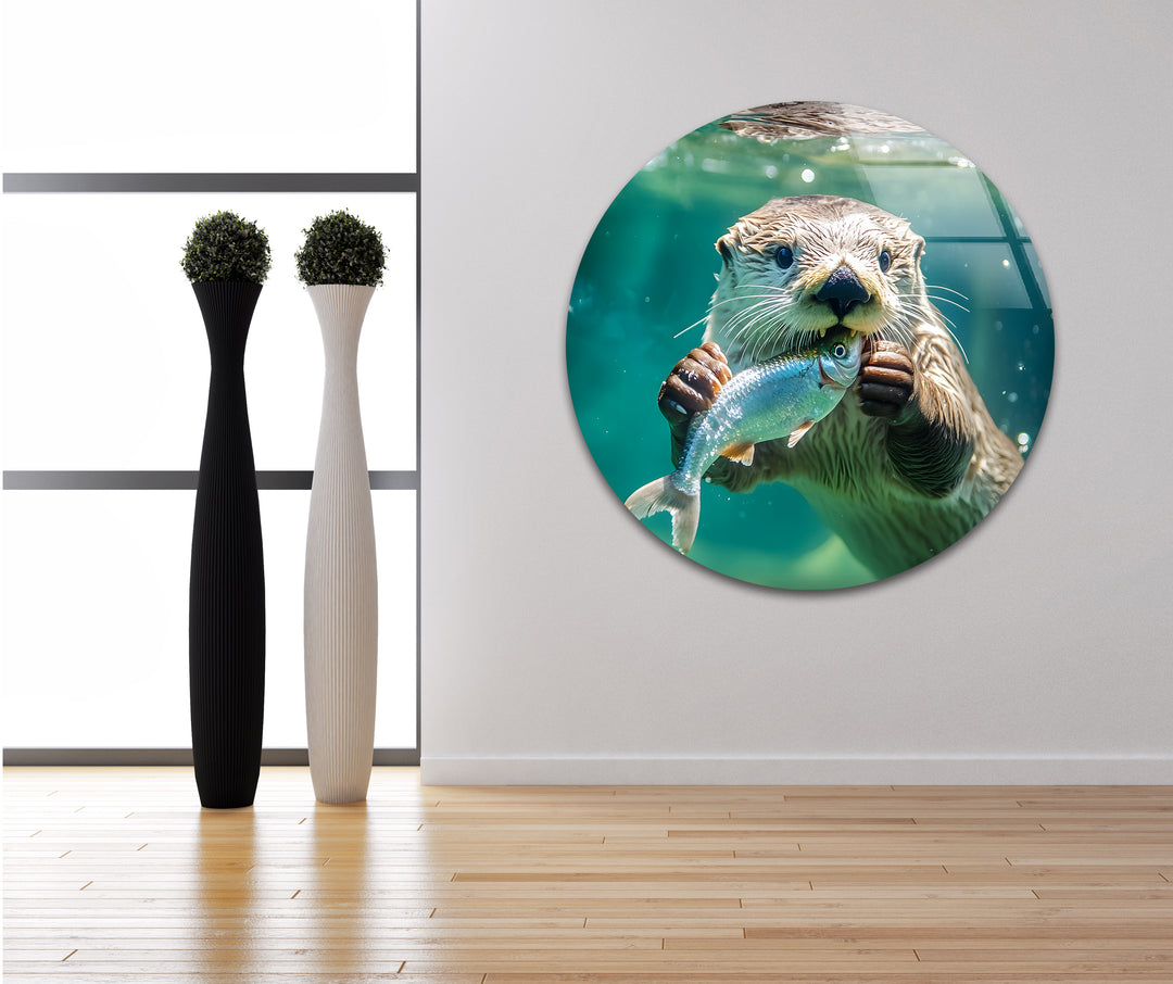 Fish-Eating Otter Glass Wall Art print picture on glass, Tempered Glass Wall Art
