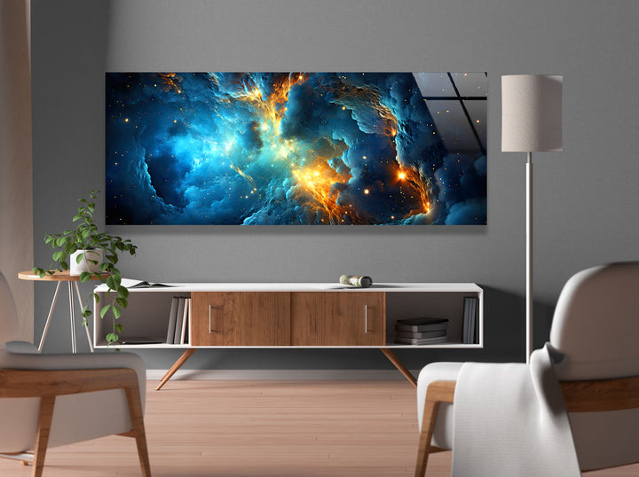 Blue&Orange Galaxy Abstract Glass Wall Art, photo print on glass, prints on glass wall art