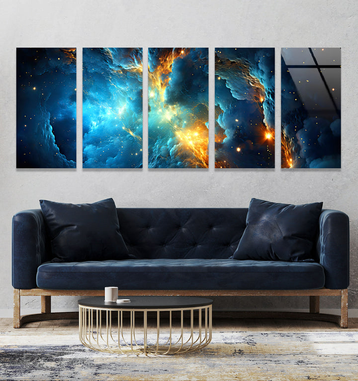 Blue&Orange Galaxy Abstract Glass Wall Art, custom glass pictures, glass art prints