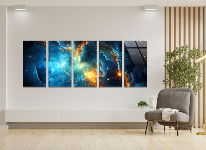 Blue&Orange Galaxy Abstract Glass Wall Art, glass pictures for Wall, glass prints wall art