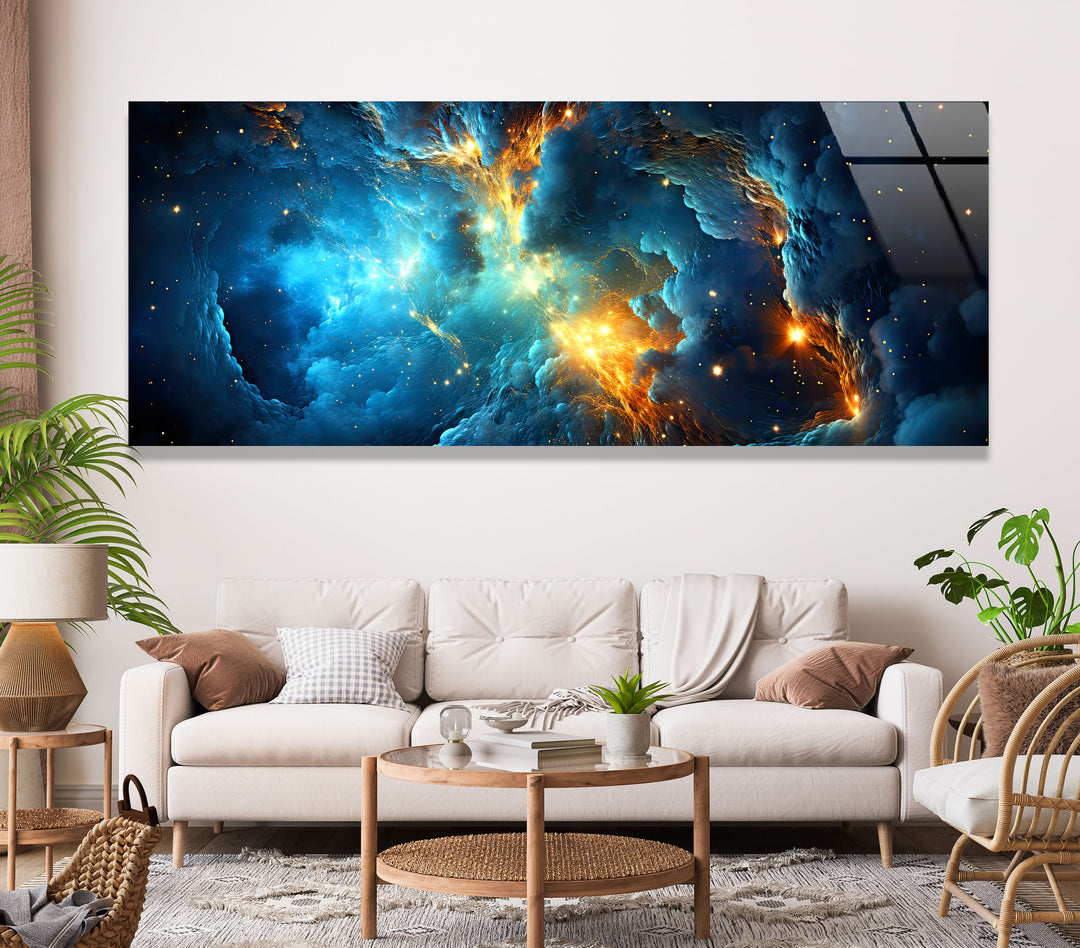 Blue&Orange Galaxy Abstract Glass Wall Art, glass image printing, glass prints from photos