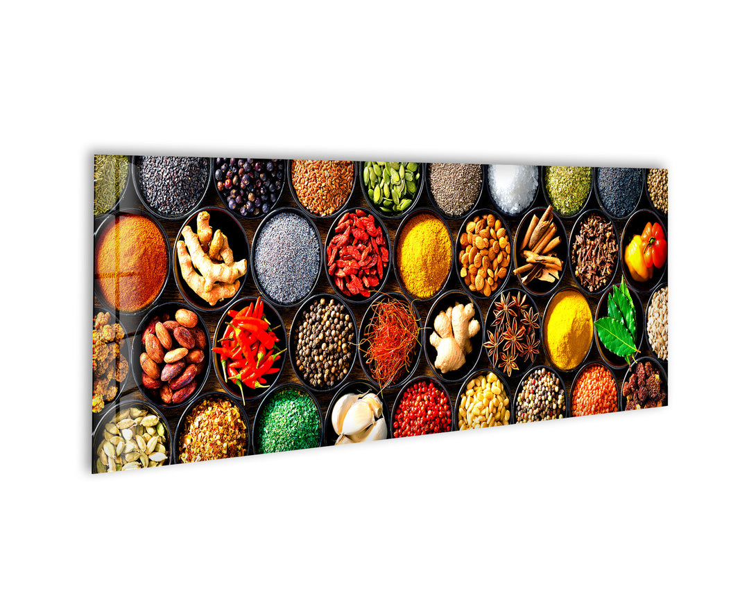 Various Spices Kitchen Glass Wall Art, glass photo prints, glass picture prints