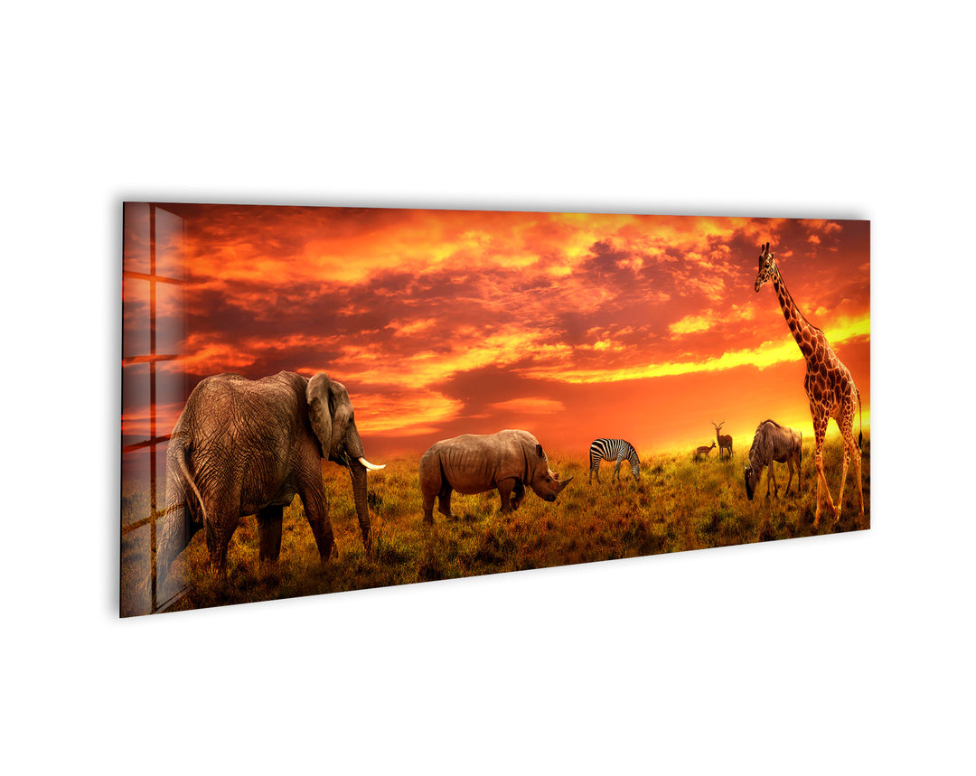 Elephants & Giraffe At Savanna Glass Wall Art, glass image printing, glass prints from photos