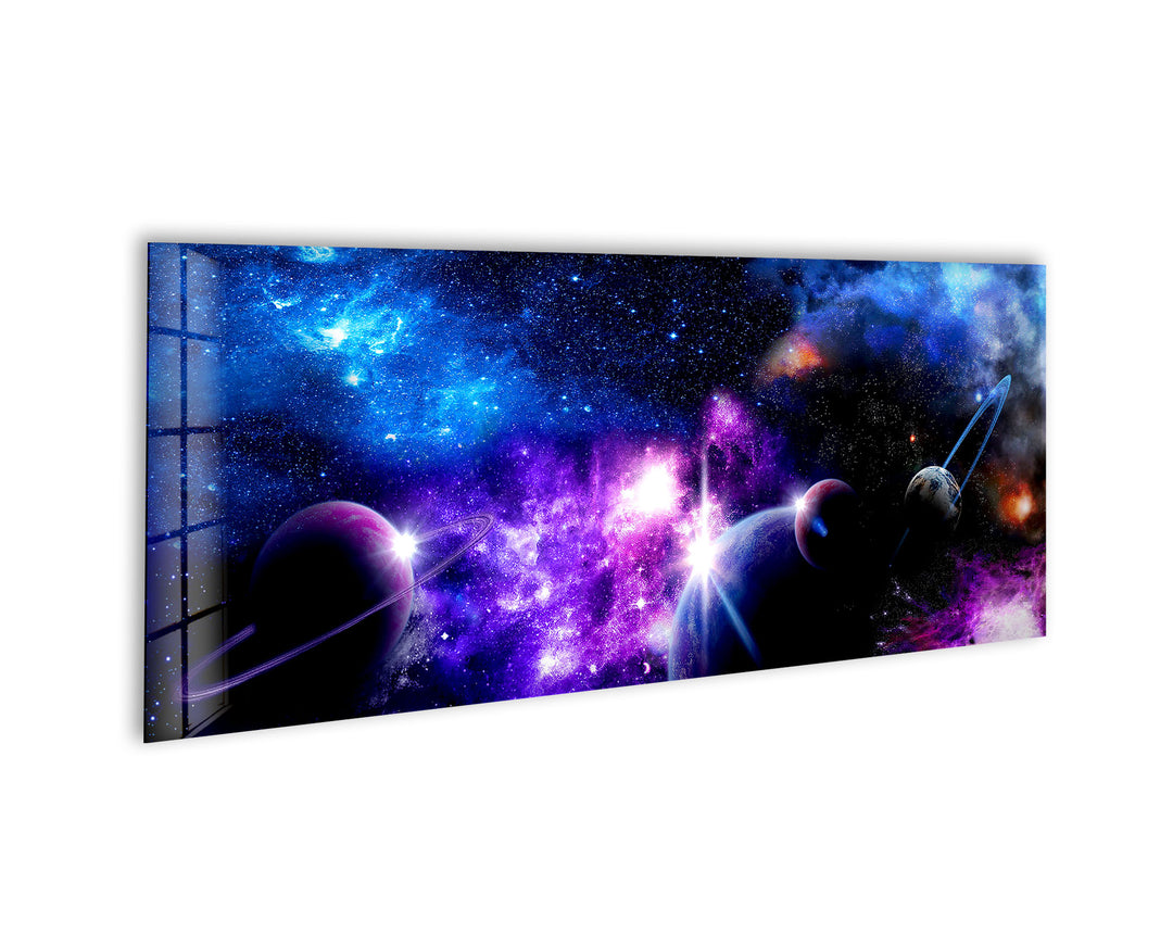 Purple Galaxy With Planets Glass Wall Art, glass art painting, glass art for the Wall