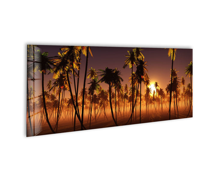 Palm Trees & Sun Setting Landscape Glass Wall Art, custom glass photo prints, large glass prints