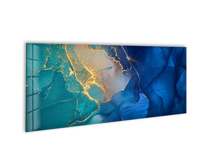 Blue & Gold Marble Abstract Glass Wall Art, glass art painting, glass art for the Wall