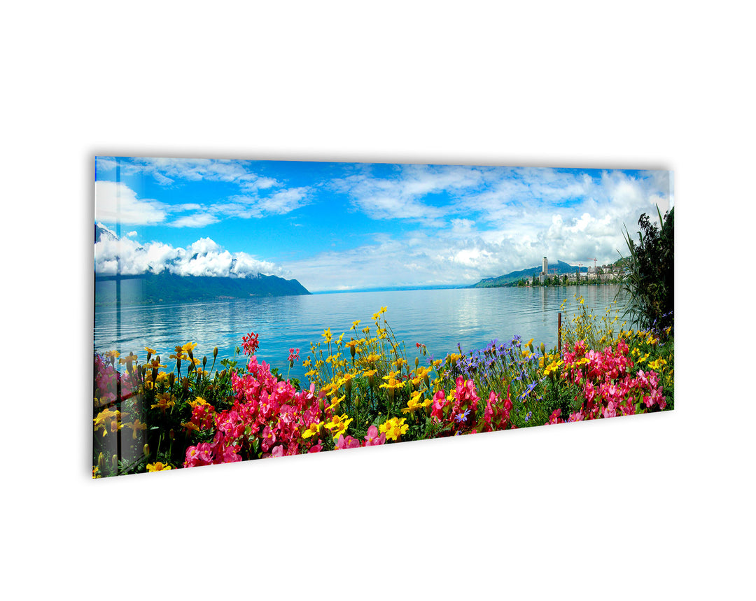 Floral Lake Landscape Glass Wall Art, Glass Printing Wall Art, Print photos on glass