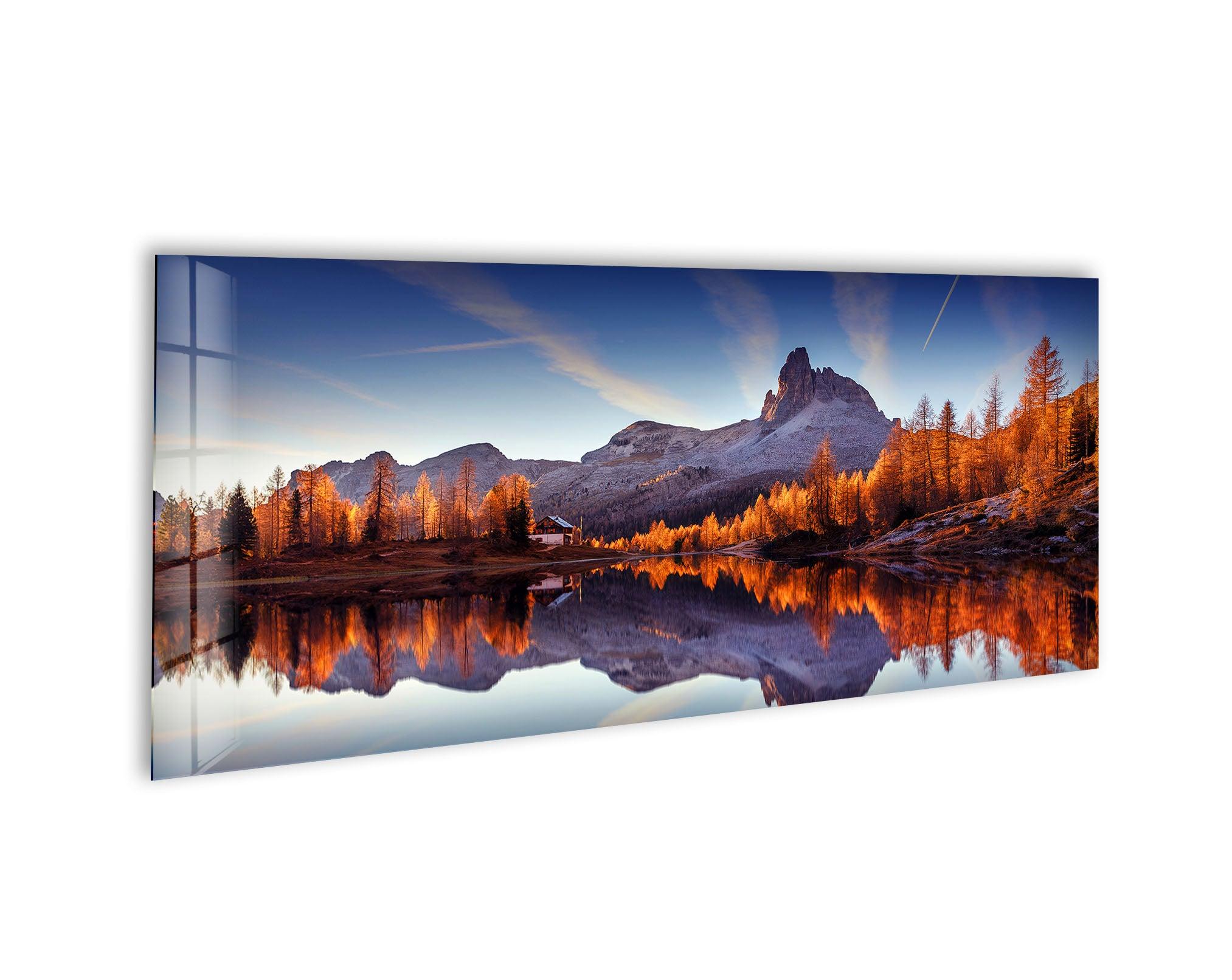 Mountain Lake Landscape Glass Wall Art, large glass photo prints, glass wall photos