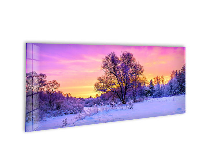 Snowy Forest Sunset Landscape Glass Wall Art, photo print on glass, prints on glass wall art