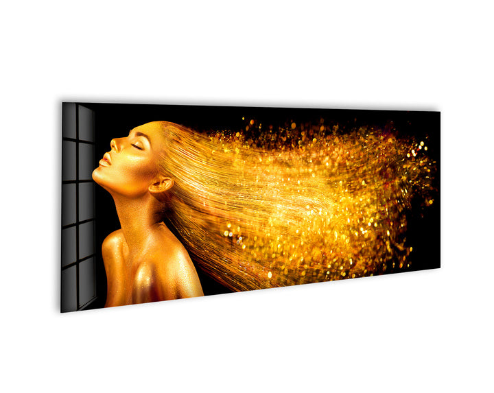 Woman With Golden Glitter Glass Wall Art, glass photo prints, glass picture prints