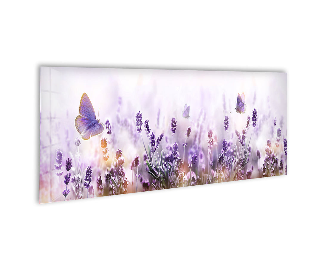 Lavender Garden & Flying Butterflies Glass Wall Art, glass pictures for Wall, glass prints wall art