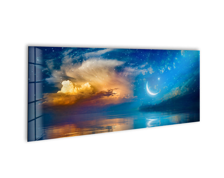 Starry Moon Sky Night Seascape Glass Wall Art, glass pictures for Wall, glass prints wall art