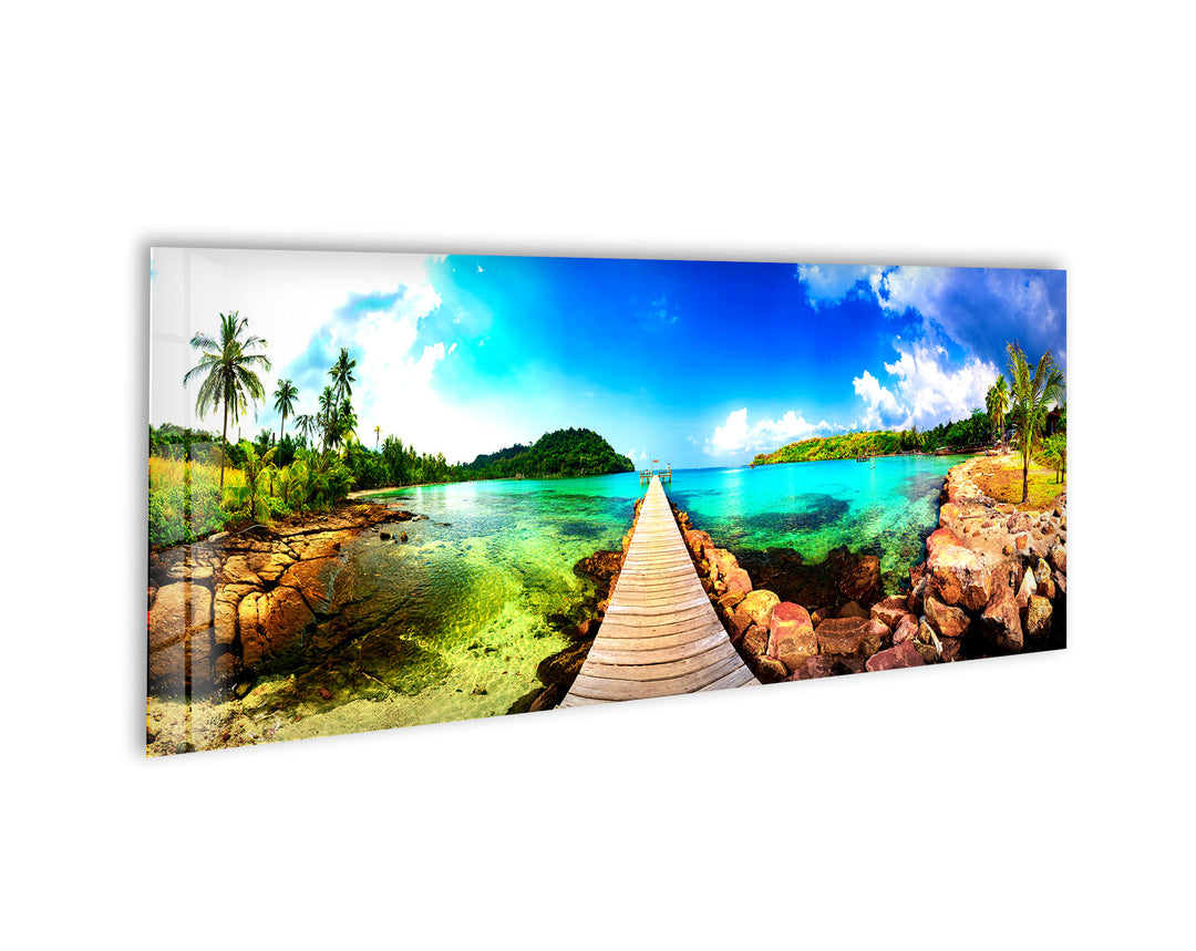 Tropical Beach With Wooden Dock Glass Wall Art, art glass wall art, glass wall art pictures