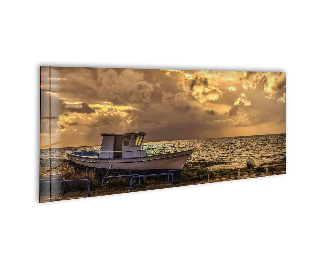 Fishing Boat On The Coastal Glass Wall Art, custom glass photo prints, large glass prints