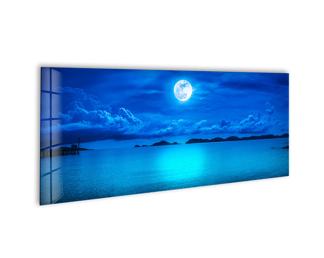 Blue Full Moon & Sea Landscape Glass Wall Art, picture on glass wall art, photos printed on glass