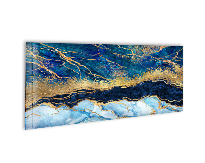 Blue, Gold Marble Abstract Glass Wall Art, large glass photo prints, glass wall photos