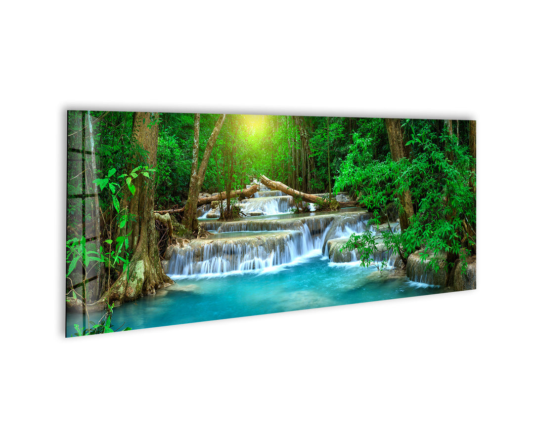 Waterfall In Tropical Forest Glass Wall Art, large glass photo prints, glass wall photos