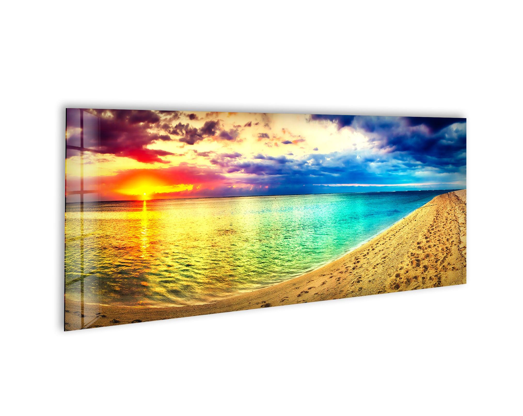 Colorful Sunset & Beach Landscape Glass Wall Art, glass art painting, glass art for the Wall