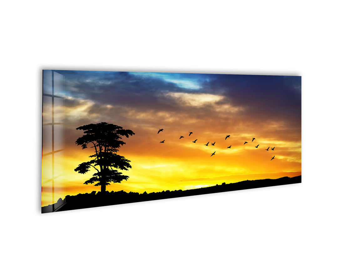 Sunset Nature Silhouette Glass Wall Art, picture on glass wall art, photos printed on glass