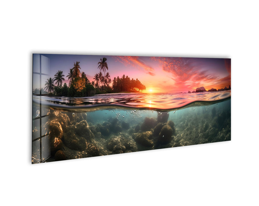 Tropical Island With A Sunset&Submarine Glass Wall Art, glass pictures for Wall, glass prints wall art