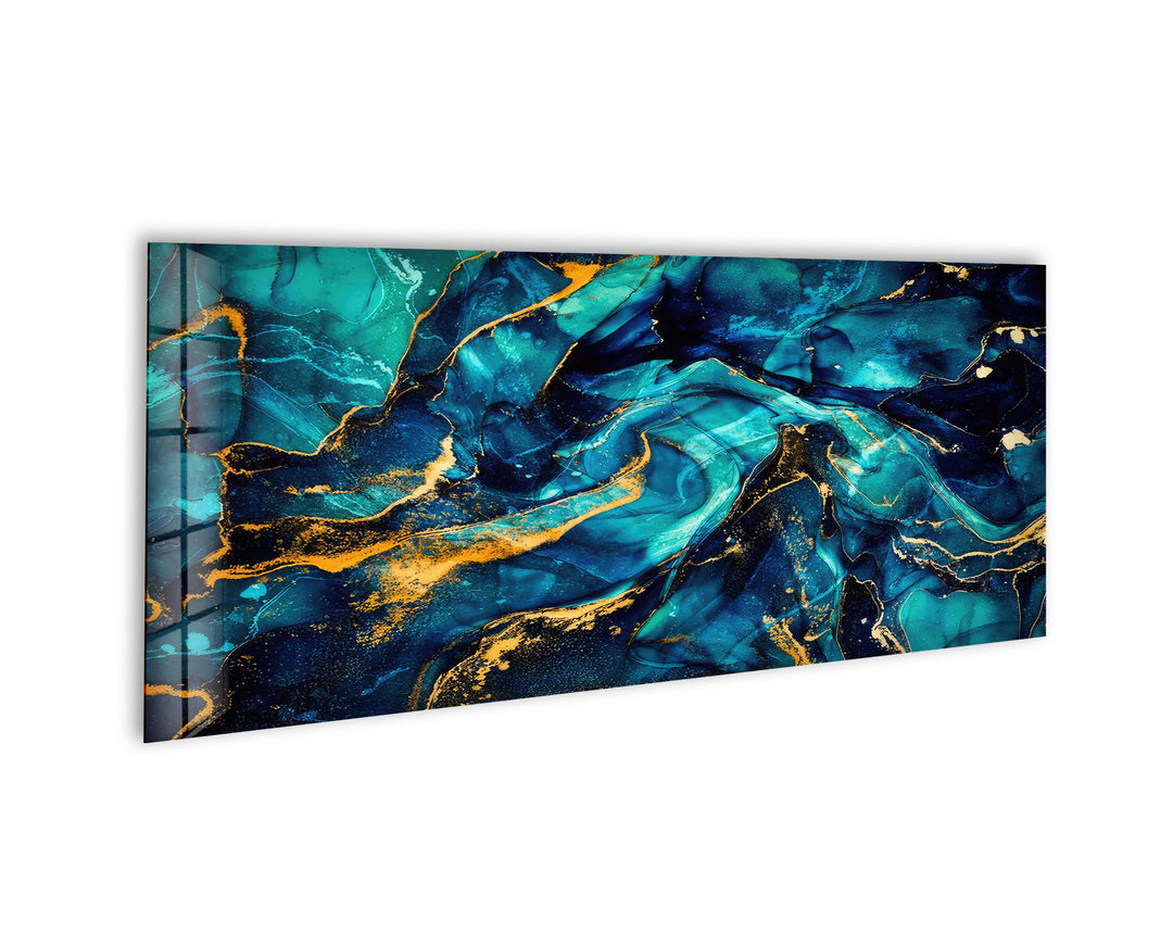 Blue&Gold Marbled Abstract Glass Wall Art, glass photo prints, glass picture prints