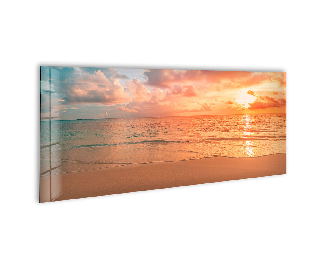 Pastel Sunset Beach Landscape Glass Wall Art, glass art painting, glass art for the Wall