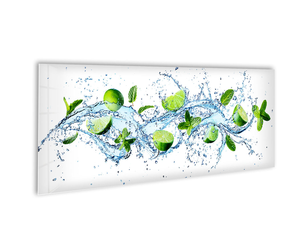 Limes and Water Splash Kitchen Glass Wall Art, picture on glass wall art, photos printed on glass