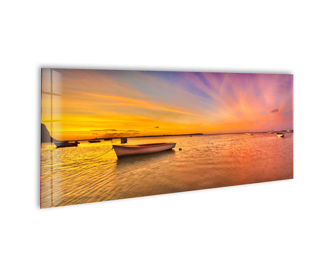 Fishing Boat At Sunset&Sea Glass Wall Art, glass image printing, glass prints from photos