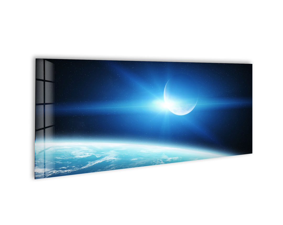 Blue Earth&Moon Sunrise Glass Wall Art, art glass wall art, glass wall art pictures