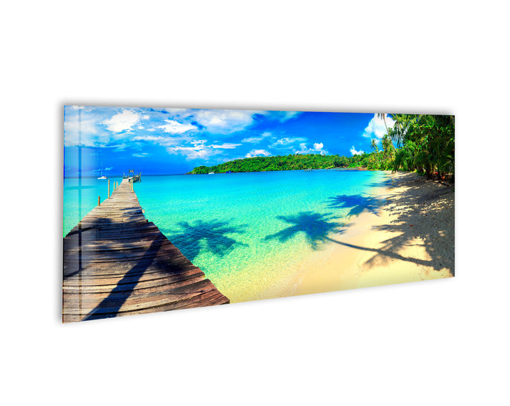 Tropical Beach and Dock Glass Wall Art, picture on glass wall art, photos printed on glass