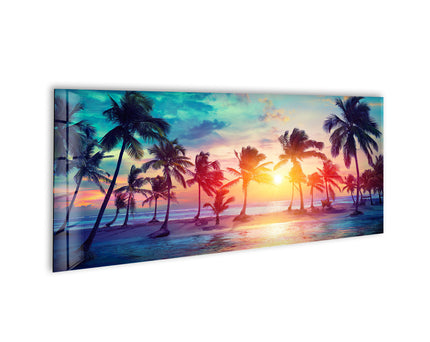 Tropical Palm Trees & Sunset Glass Wall Art, large glass photo prints, glass wall photos