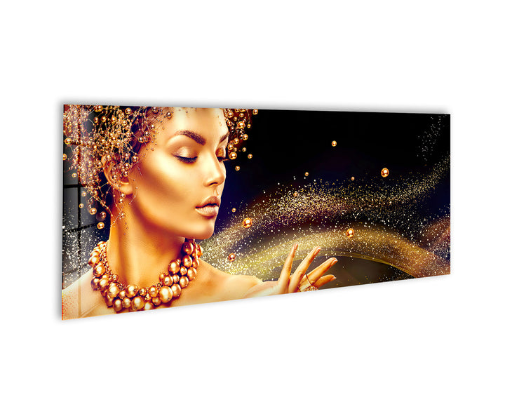 Golden Woman Portrait Glass Wall Art, print picture on glass, Tempered Glass Wall Art