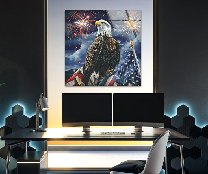 Perched Eagle and Flag Glass Wall Art photo print on glass, prints on glass wall art
